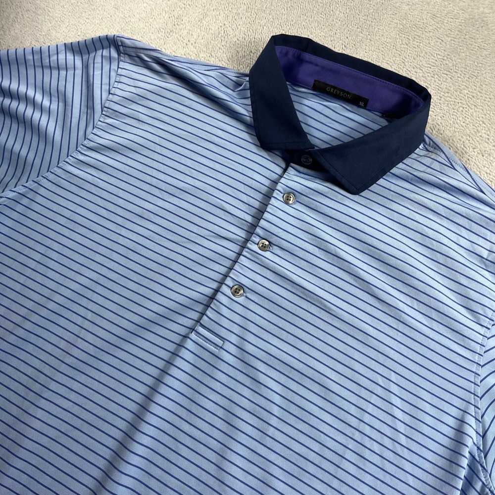 Greyson Mens XL Polo Shirt Blue Navy Striped Short Sleeve Wolf Clover Patch